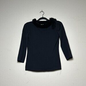 VTG Joseph A Viscose Trimmed Fur Collar Scoop Neck Shirt Sweater Women Black 90s